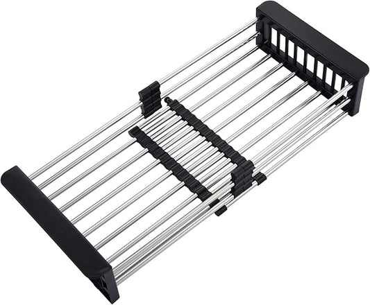 Over Sink Dish Drying Rack Black, Sink Dish Drainer Expandable Stainless Steel Dish Drainers for Kitchen Counter Dish Dryer Rack Utensil Holder Kitchen Organizer for Dishes Veggies and Fruits