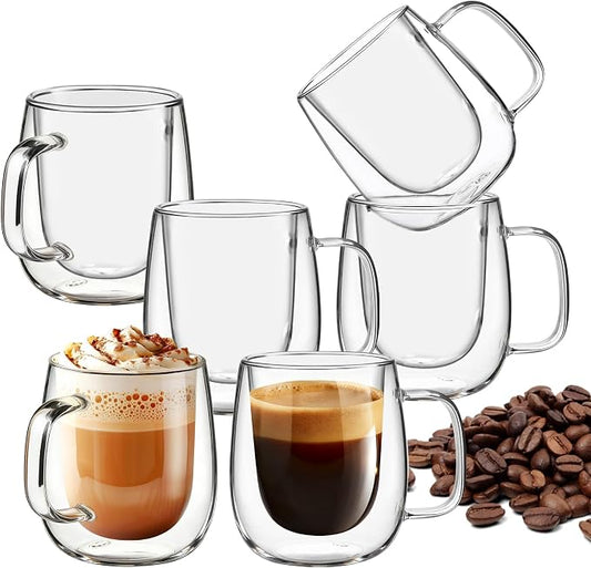 12 OZ Glass Coffee Mug Pack of 6, Double Wall Glass Mug with Handle Insulated Clear Glass Coffee Cup for Espresso, Cappuccino, Latte, Americano, Tea