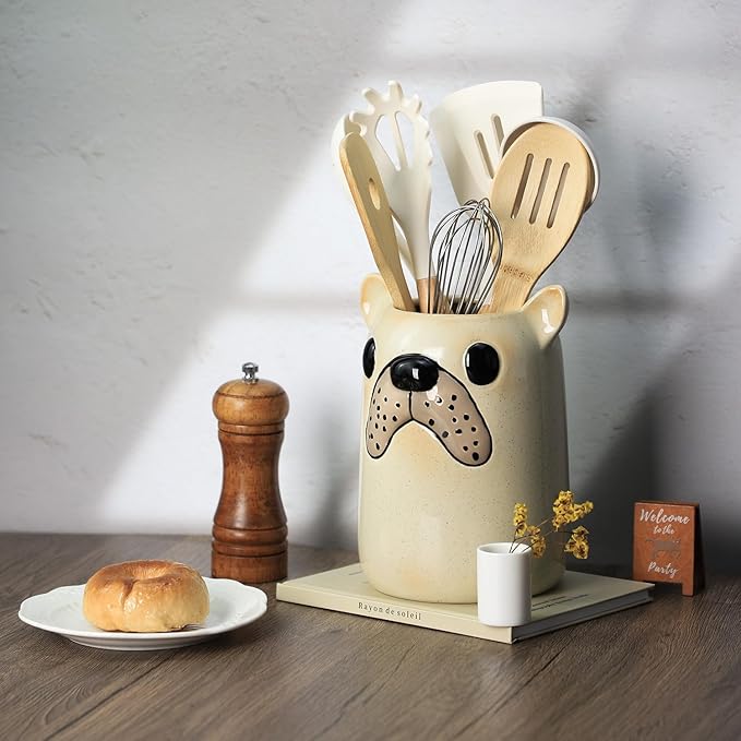 Ceramic Cartoon Animal Pattern Kitchen Utensil Holder, Large Cooking Utensil Crocks for Kitchen Countertop, Cartoon Style Utensil Organizer for Spatula, Kitchen, Home Decoration-Bulldog