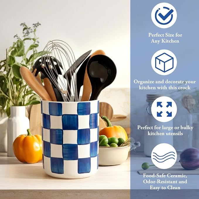 JarThenaAMCS Kitchen Utensil Holder 6.3 Inch Checkered Ceramic Cooking Utensil Holder Modern Watercolor Blue White Plaid Utensil Crock for Home Kitchen Countertop Storage Organizer Container