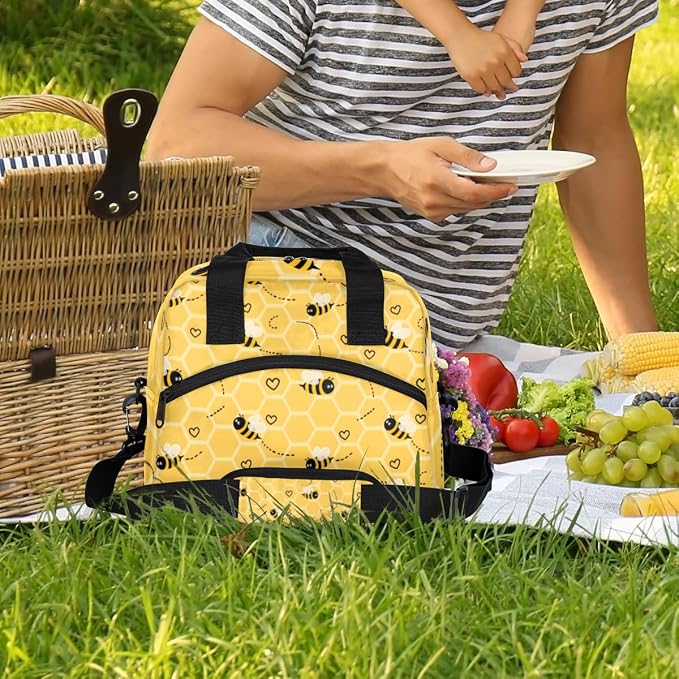 Honeycomb Bees Insulated Lunch Bag for Women Men Reusable Lunch Box Cooler Bag Large Leakproof Lunch Tote with Adjustable Shoulder Strap for Adult Work Picnic Camping Beach Office
