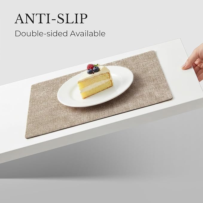 Romanstile Vinyl Placemats Set of 8, Reversible Faux Leather Heat Resistant Wipeable Table Mats, Waterproof Washable Non-Slip Table Placemats for Dining/Kitchen/Party/Outdoor (Grey Khaki, 12" x 17")