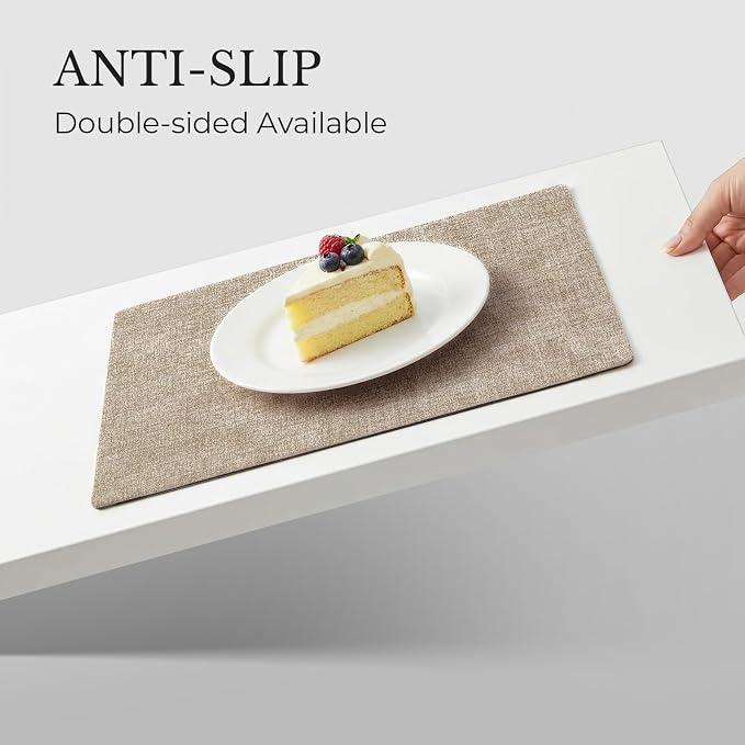 Romanstile Vinyl Placemats Set of 6, Reversible Faux Leather Heat Resistant Wipeable Table Mats, Waterproof Washable Non-Slip Table Placemats for Dining/Kitchen/Party/Outdoor (Grey Khaki, 12" x 17")