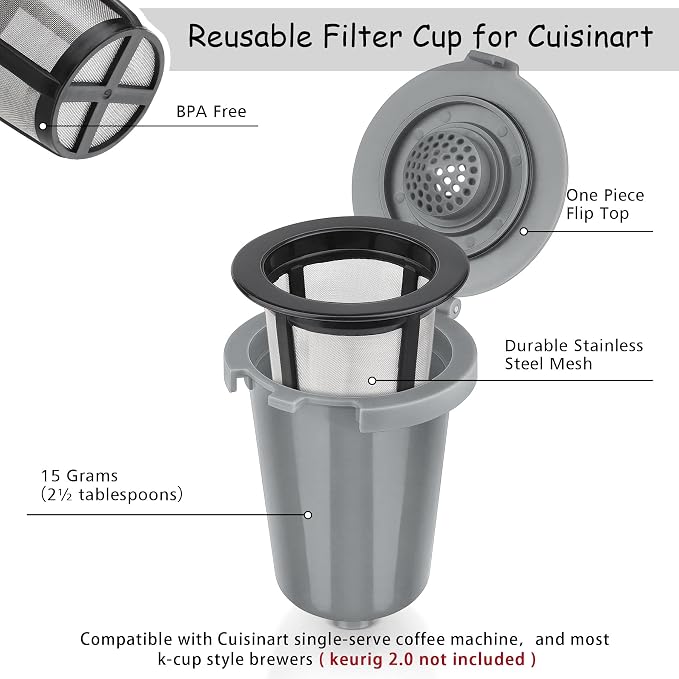 Newly upgraded Reusable Filter Cup for Cuisinart, Compatible with Cuisinart #SS-RFC HomeBarista Reusable Filter Cup, Light Gray (2 Pack)