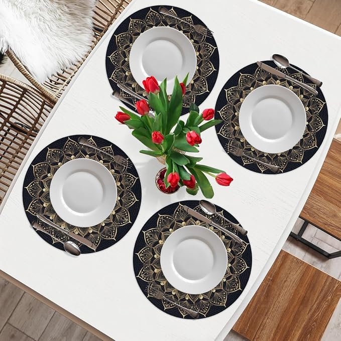 Round Placemats Set of 4, Bohemian Mandala Woven Placemats Mats Non-Slip Heat Resistant Washable Table Mats Round Braided Place for Farmhouse Kitchen Dining Party Decor 15in