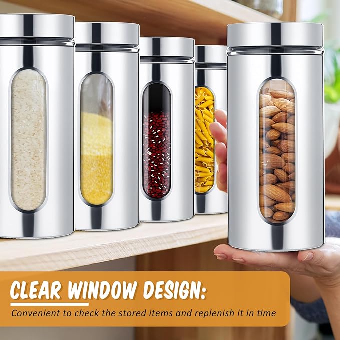Mimorou 3 Pcs Stainless Steel Canister Set with Glass Windows Visible Storage Jars Silver Kitchen Canister Set for Pasta Flour Oat Sugar Container, Kitchen Tools, Housewarming Gifts(44 oz)