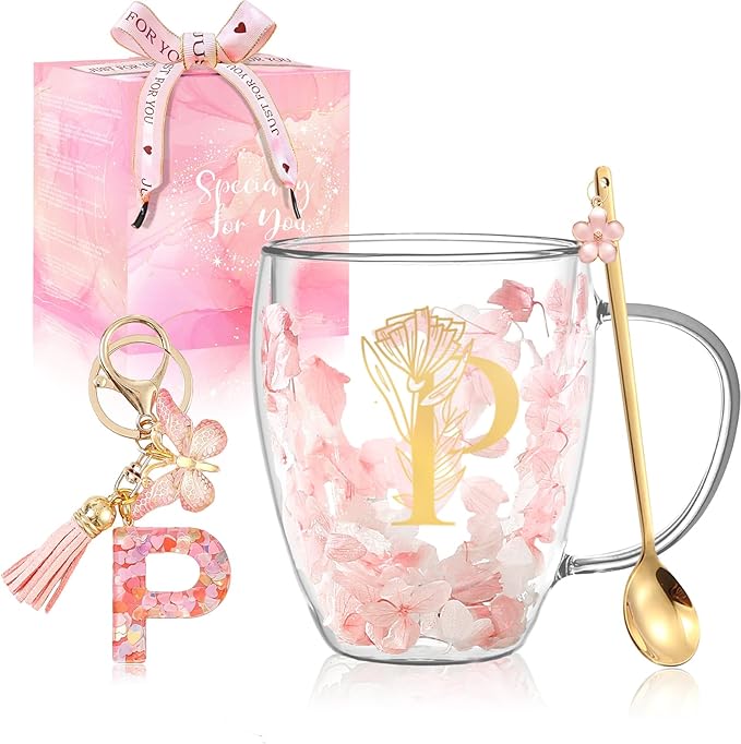 Personalized Gifts for Women Flower Glass Coffee Mug Initial Tea cup Monogrammed Customized Bridesmaid Bride Wedding Gifts Graduation Gifts Valentine Mother's Day Birthday Christmas Gift (P)