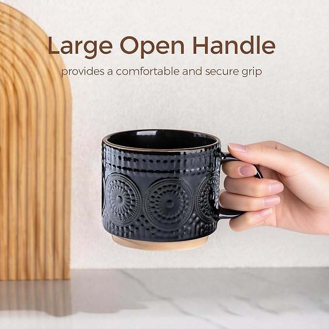 GBhome 12OZ Stackable Coffee Mugs, Ceramic Coffee Mugs with Texture Patterns for Man,Woman,Dad,Mom, Modern Coffee Mugs Set of 4 for Latte/Cappuccino/Cocoa. Dishwasher&Microwave Safe