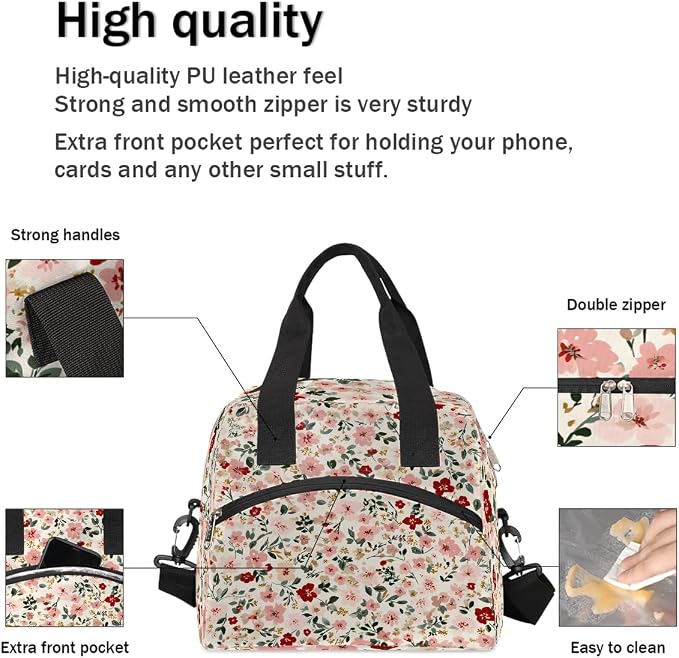 Floral Flower Insulated Lunch Bags for Women Girls Adult Ethnic Reusable Lunch Tote Therma Cooler Bag with Shoulder Strap Lunch Box for School Work Office Picnic Meal Prep Bag