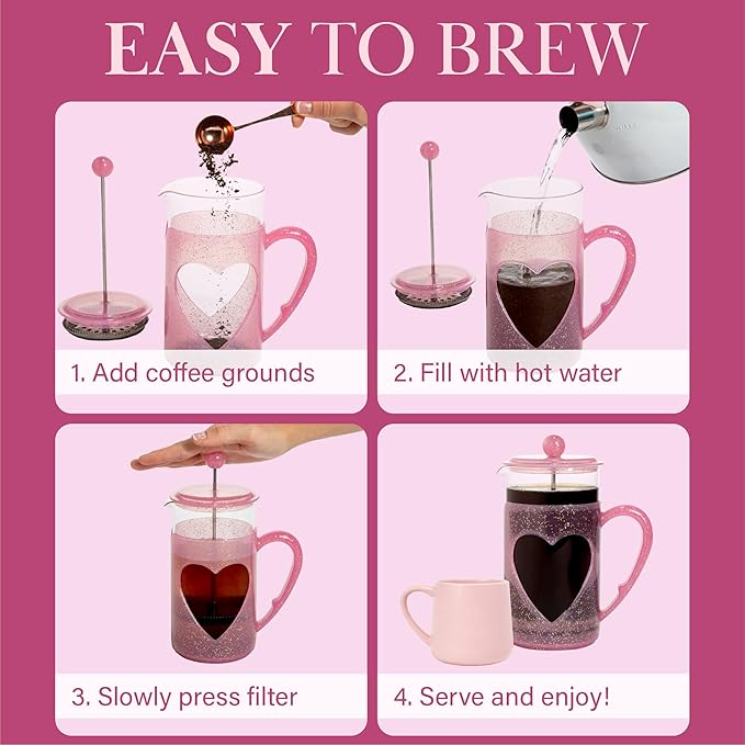 Paris Hilton 8-Cup French Press Coffee Maker, Durable Borosilicate Glass with Stainless Steel Filter, Heat-Resistant Design for Daily Use, 34-Ounce, Pink
