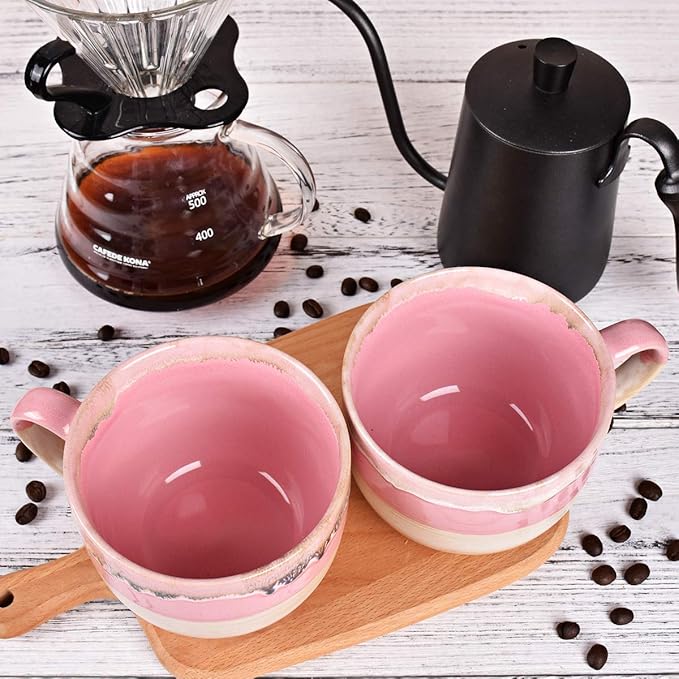 Bosmarlin Large Ceramic Coffee Mug Set of 2, Stoneware Jumbo Latte Mugs Tea for Office and Home, 16 Oz, Dishwasher and Microwave Safe(Pink, 2)