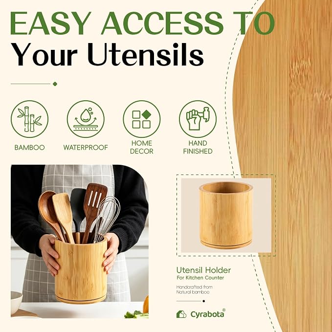 Bamboo Wood Utensil Holder 360°Rotating Anti-Tip Design for Kitchen Counter,Cooking Utensil Crock for Countertop , Large Utensil Organizer for Spatula (Bamboo)