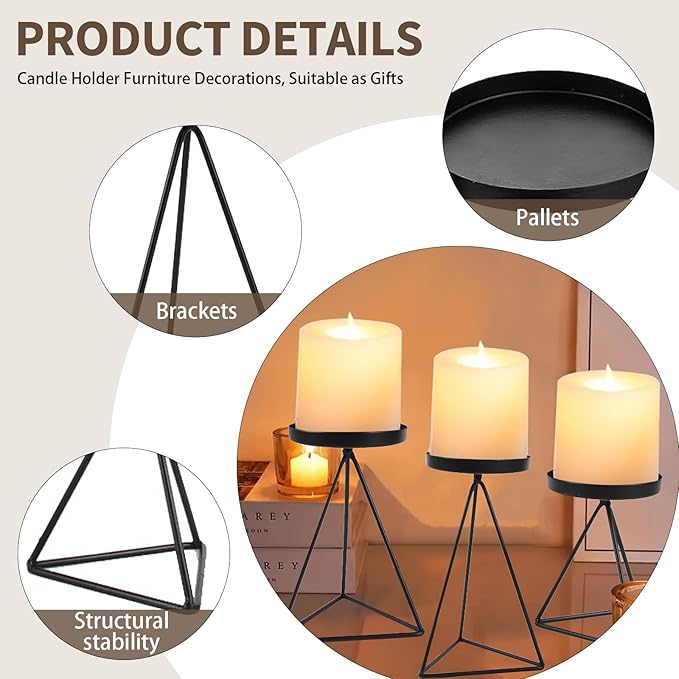 3 PCS Geometric Candle Holders for Pillar Candles Black Metal Pillar Candle Holder Vintage Candle Stands Table Centerpiece for Wedding Christmas Home Decoration