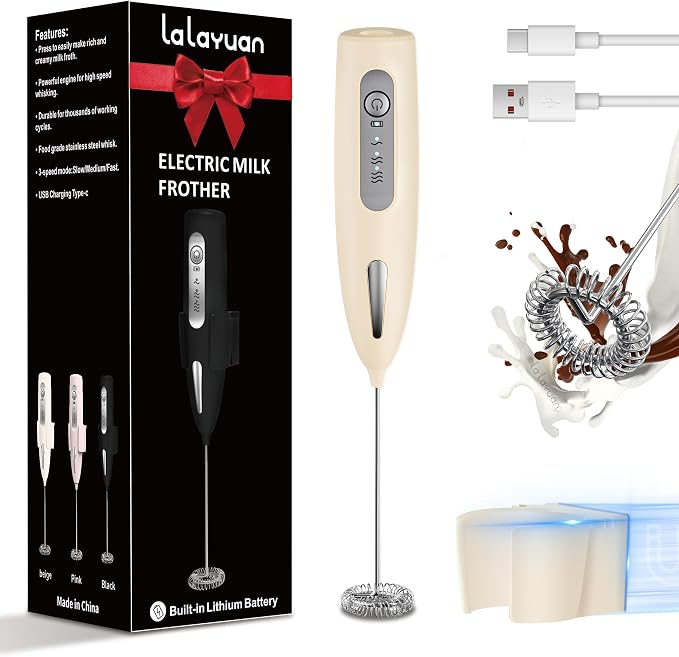 Electric Milk Frother, Three speed adjustment, USB Rechargeable Cordless Hand Blender with Sticky Stand Included, 304 stainless steel Egg Beater, Mixed Drinks, Coffee Stirrers (Beige)
