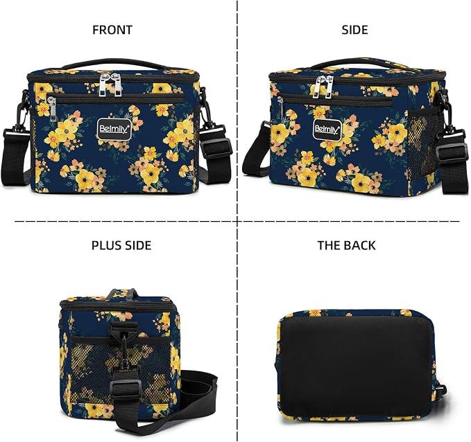 BEIMILY Lunch Box for Men/Women, Small Insulated Lunch Bag, Leak-Proof Soft Cooler Tote Bag, Reusable LunchBox for Work, Travel,Picnic with Adjustable Shoulder Strap for Adults(floral yellow)
