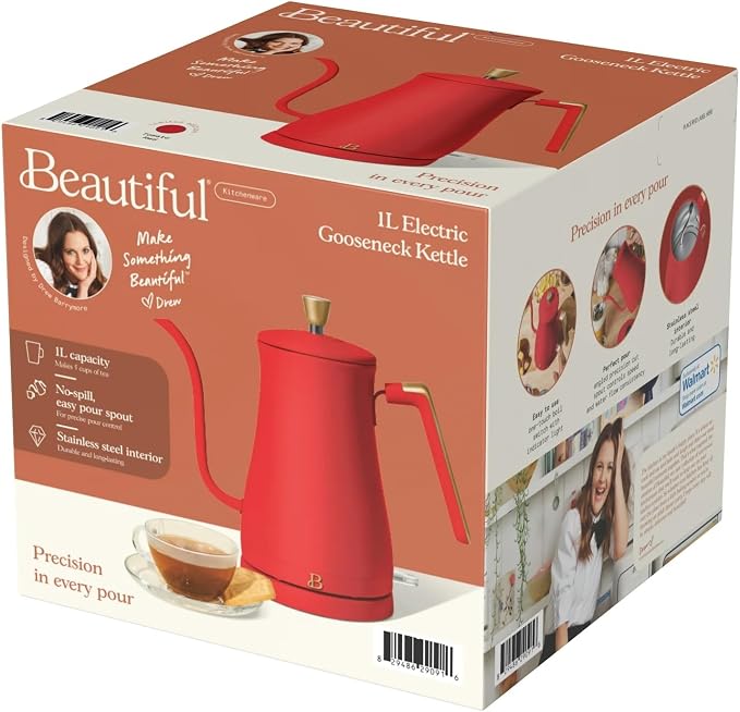 Electric Gooseneck Kettle 1 Liter 1200W Fast Boil with Precision Pour Spout, Stainless Steel Interior, Auto Shut-Off & 360° Swivel Base (Tomato Red)