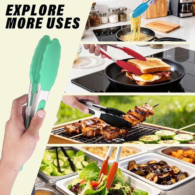 Silicone Salad Tongs - 12 Inch, 304 Stainless Steel Core & Non-Slip Grip, Pistachio Color, Kitchen Utensils for Grilling Salad