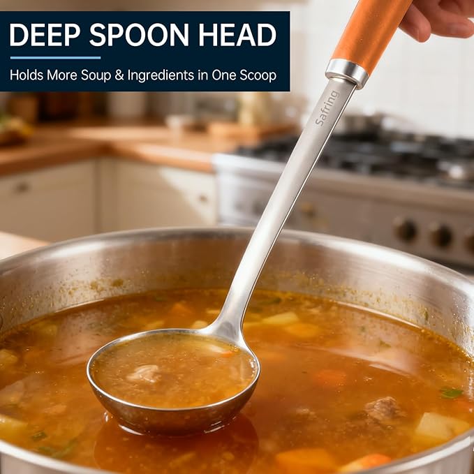 Safring Stainless Steel Soup Ladle and Spaghetti Spoon Set, Heat Resistant Rubber Handle, Dishwasher Safe, Kitchen Utensils for Cooking, Stirring, Serving Pasta, Soup & Sauce (Orange)
