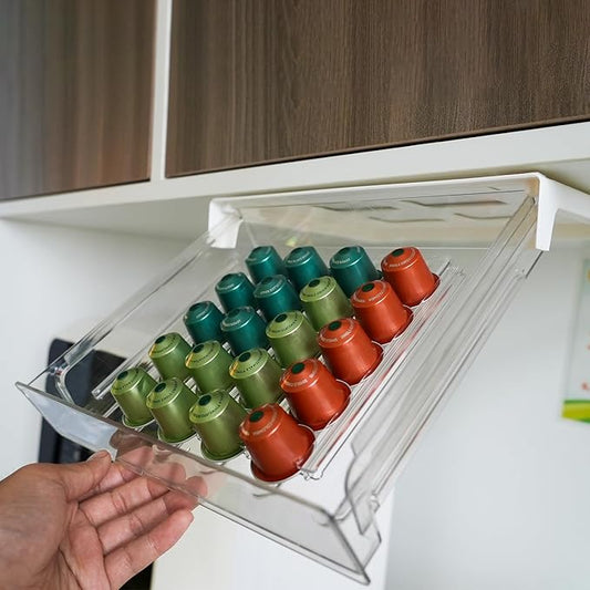 Under Cabinet Coffee Pod Drawer, 30 Pod Capacity, Compatible with Nespresso, Adhesive Sliding Storage Organizer