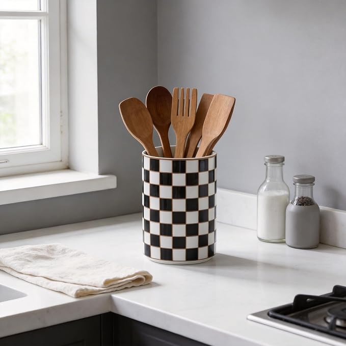 Checkered Kitchen Utensil Holder,Black And White Ceramic Cooking Utensil Holder Modern Utensil Crocks for Kitchen Counter,Housewarming Gift, Farmhouse Kitchen Decor and Accessories (Black)
