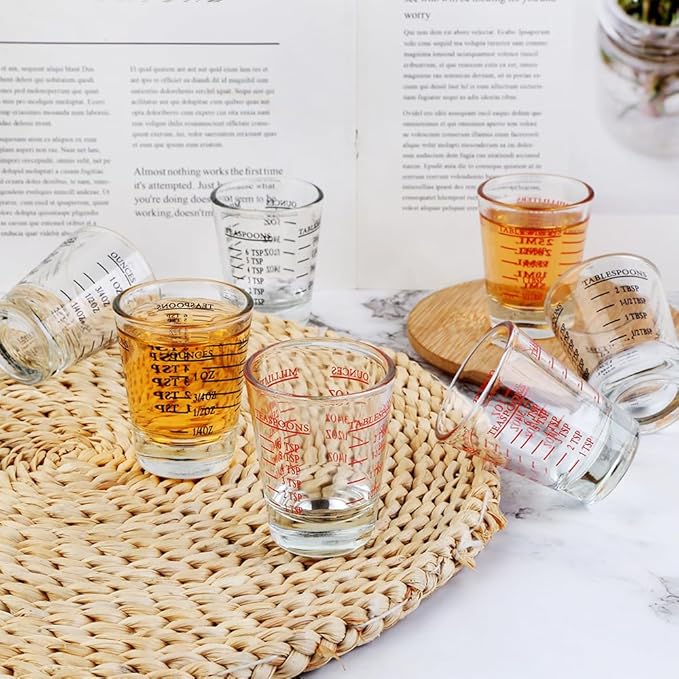 Set of 4 Shot Glasses - Heavy Glass, Perfect for Measuring Espresso, Wine, and More 26-Incremental Measurement 1oz, 6 Tsp, 2 Tbs, 30ml (4, Red+Black)