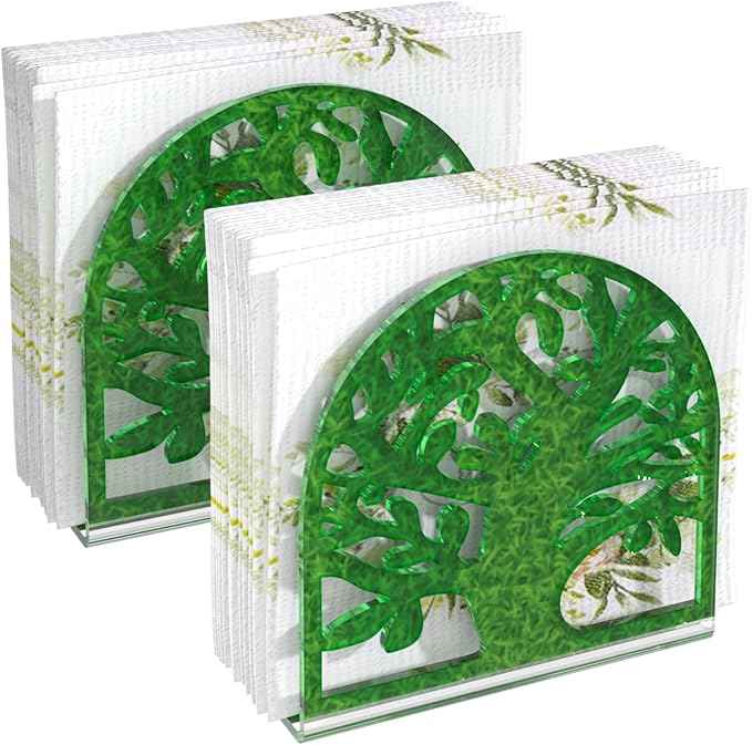 Napkin Holder, 2 PCS Green Acrylic Napkin Holder for Table, Standing Paper Napkin Dispenser for Kitchen Home Tree Design Cocktail Napkin Organizer for Coffee Shop Table Decor (2pcs Tree-Shaped Green)