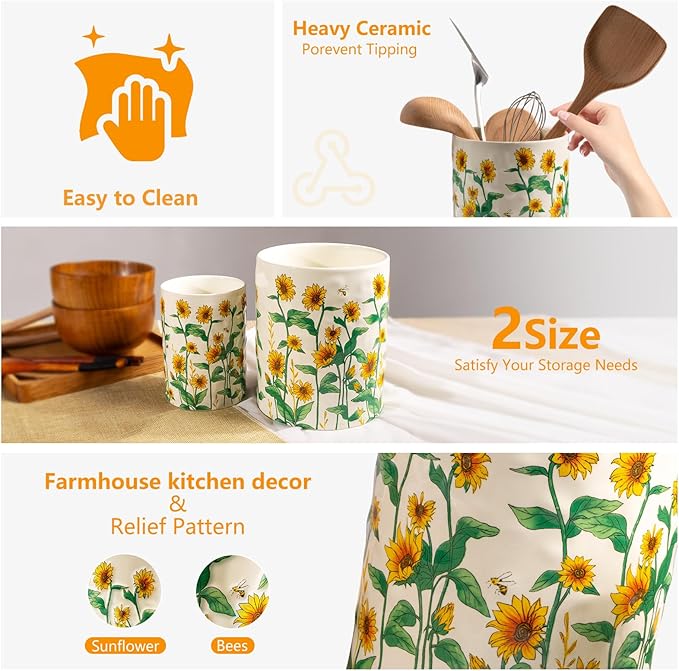 Sunflower Utensil Holder, 7.1"+5.4" Ceramic Utensil Holder for Kitchen Counter, Cooking Utensil Crocks for Countertop, Utensil Storage Container Organizer for Spoon, Sunflower Farmhouse Kitchen Decor