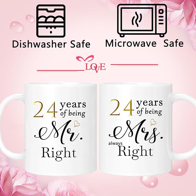 24th Anniversary Coffee Mugs Set of 2, 24 Year Anniversary Wedding Gifts Decorations for Couple Parents Men Women Husband Wife Him Her, Gift Box Packaging, 11oz
