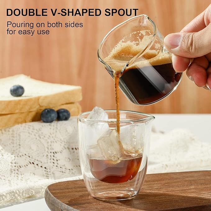 PARACITY Espresso Cup with Handle set of 2, Double Spout Glass Measuring Cup with Dual Scale, Espresso Shot Glass with V-Shaped Mouth, Clear Glass Milk Frothing Pitcher, Espresso Accessories