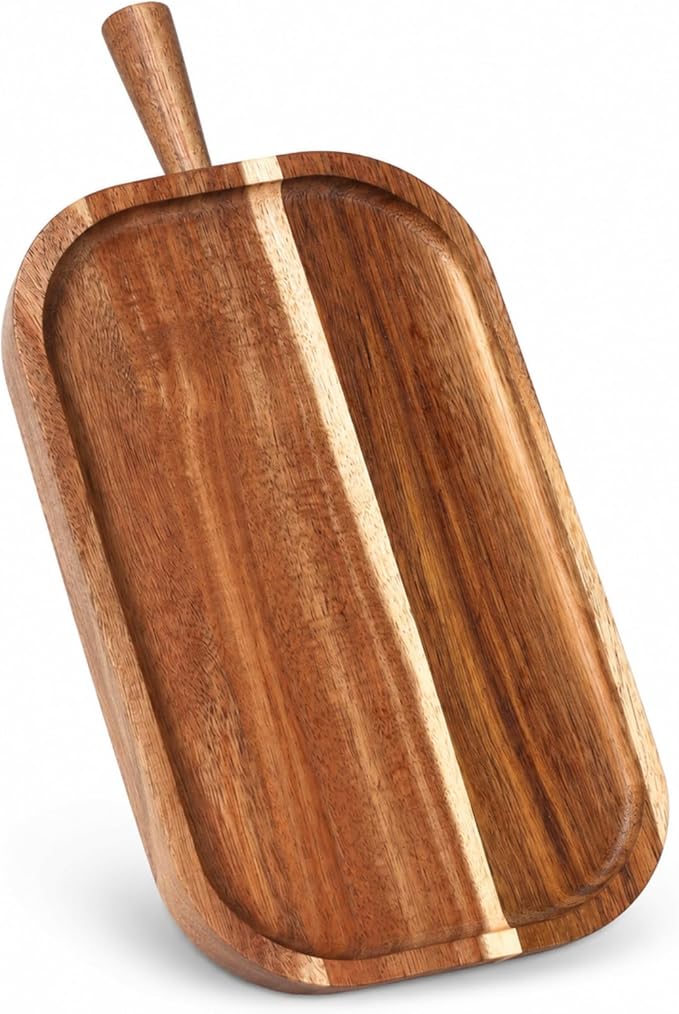 Acacia Wood Serving Board with Raised Tapered Handle, Small Charcuterie Board for Two, Rectangular Cheese Tray for Snacks, Fruit, Meat, Bread, Appetizer, Mom Gift(16''l X 7.65''w X 1.25''d)