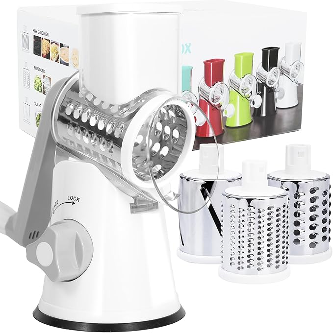 Rotary Cheese Grater, Manual Cheese Shredder with 3 Interchangeable Blades, Cheese Grater Hand Crank with Strong Suction Base, Easy to Use and Clean, White