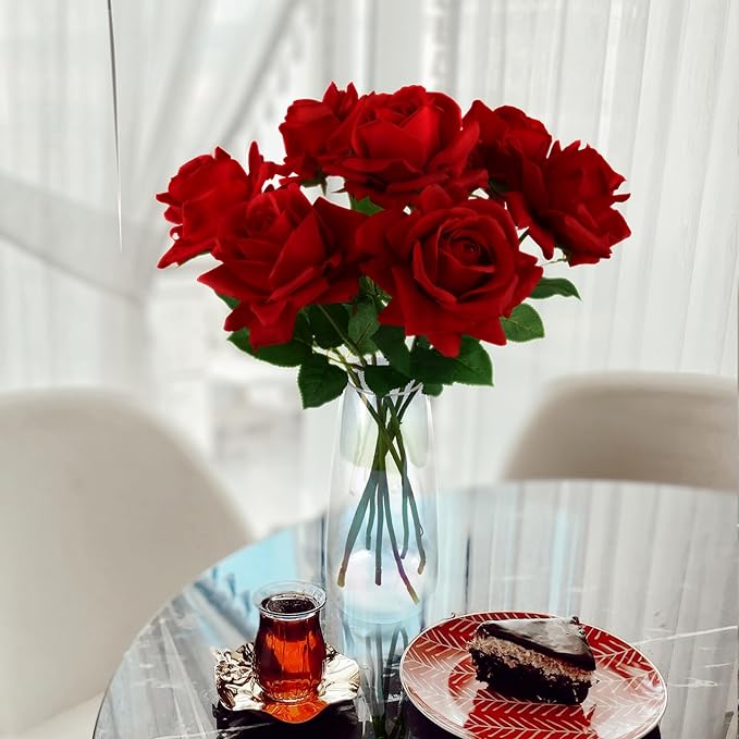 Eyamuno 7pcs Artificial Rose Fake Flowers Long Stem Fake Silk Real Touch Roses for DIY Wedding Party Table Centerpiece Home Decor, 45CM, Red-45cm