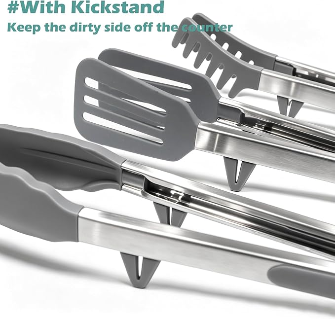 Tongs for Cooking, 12" Kitchen Tongs with Silicone Tips, Food Grade Serving Tongs Set of 3, Grey