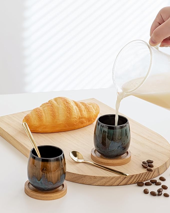 2.7 Oz Mini Espresso Cups Set of 4, Colorful Ceramic Demitasse Cups with Bamboo Coasters & Spoons, Unique Glaze Mugs for Turkish Coffee, Macchiato, Espresso Martini, Dishwasher & Microwave Safe