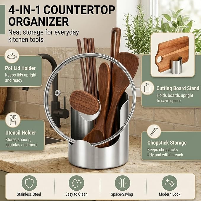 Multi-Functional Kitchen Utensil Holder, Thickened Stainless Steel Countertop Organizer for Pot Lids, Spoon Spatula Ladle Caddy, Pot Lid Rest Stand, Cutting Board Rack (1 pcs)