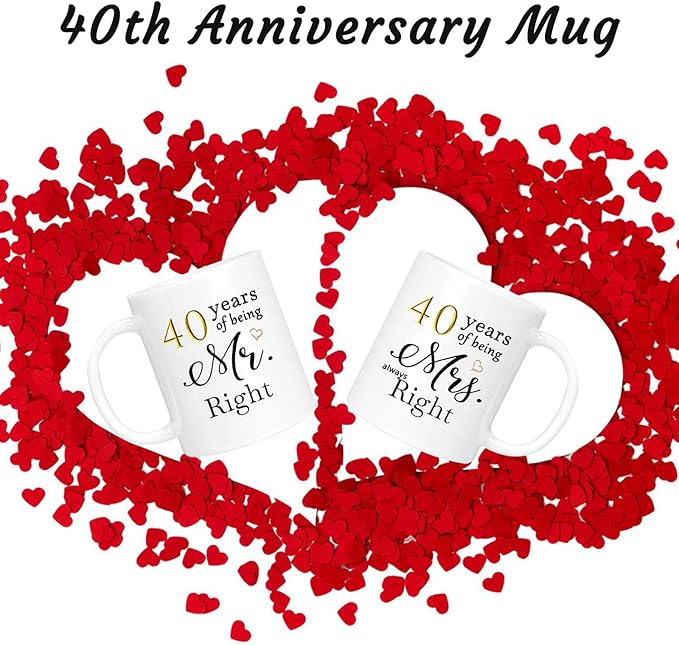 40 Year Anniversary Coffee Mugs Set of 2, 40th Anniversary Wedding Gifts Decorations for Couple Parents Grandparents Men Women Husband Wife Him Her, Gift Box Packaging, 11oz