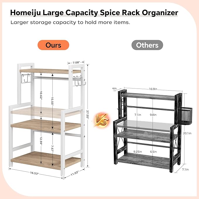 Kitchen Countertop Organizer, 3 Tier Large Spice Rack Organizer with Adjustable Shelf and 5 Hooks, Wooden Counter Organizer, Countertop Shelf Microwave Stand for Kitchen Coffee Bar, Light Coffee