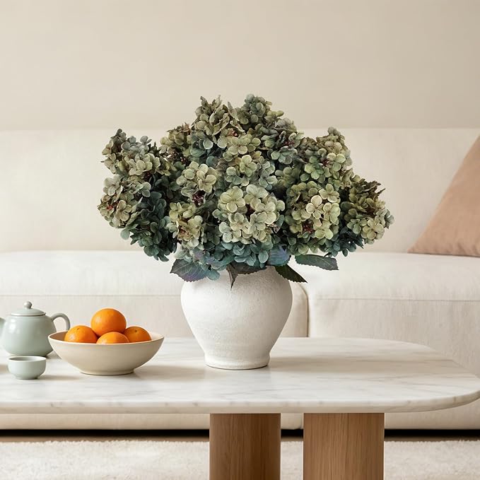 2FT Hydrangea Artificial Flowers - 10 PCS Long Stem Faux Cone Hydrangeas for Tall Vase, DIY Vintage Floral Table centerpieces for Dining Room, and Home Kitchen Decorations - Green