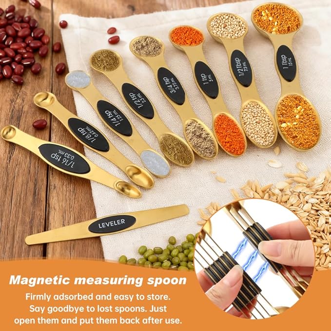 13Pcs Magnetic Measuring Spoons Set,Stainless Steel Measurin g Cups,8 Dual Sided Magnetic Measuring Spoons with Leveler,4 Nesting Measurings Cups for Liquid and Dry Ingredients(Golden,Size:Multi size)