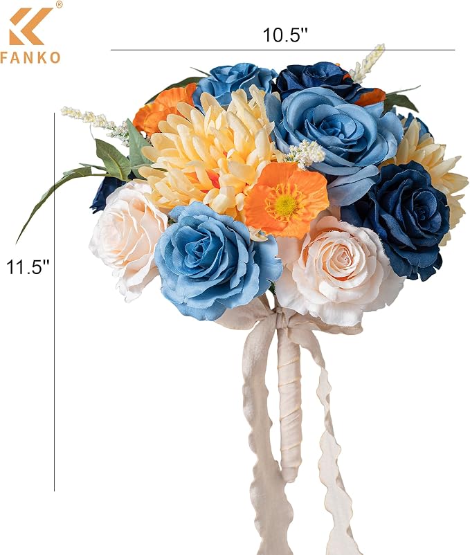 FANKO Artificial Flowers for DIY, Blue Peach Orange Yellow Faux Flowers Bouquet, Colorful Fake Rose Daisy Poppy Silk Flowers for Vase, Home Decor, Garland, Summer Wedding, Birthday, Party