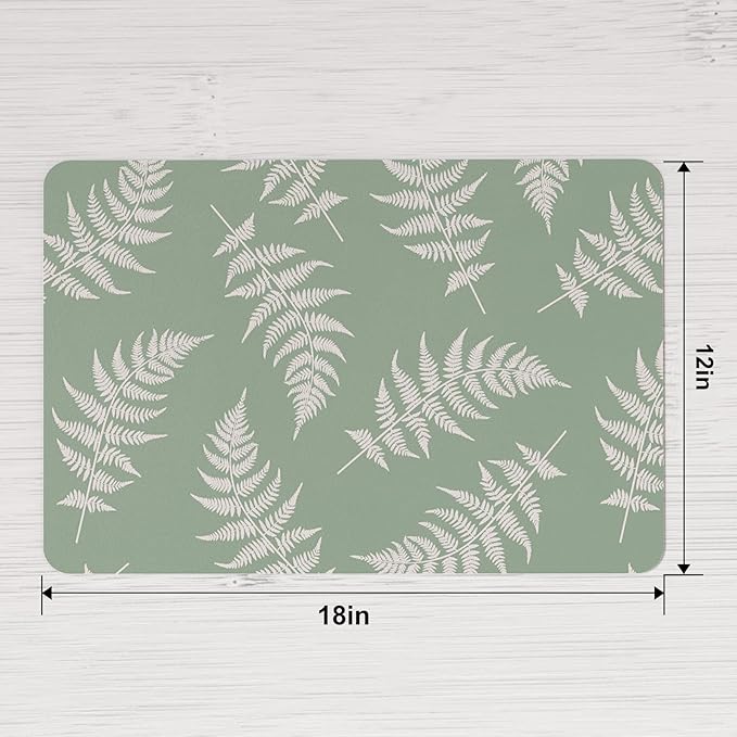 QiyI Placemats Set of 4, 12x18 Inch Faux Leather Place Mats for Kitchen Dinning, Heat Resistant Anti Slip Green White Table Mats, Waterproof Wipeable Washable Placemat Party Table Décor, Fern Leaves