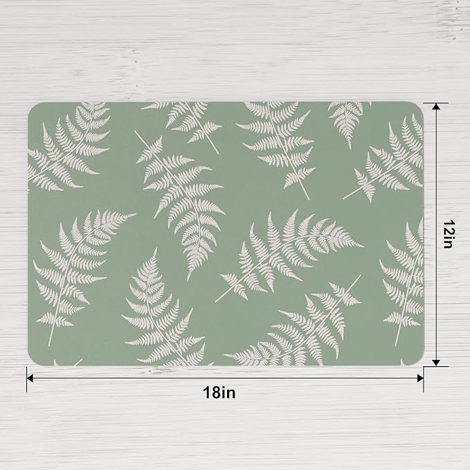 QIYI Placemats Set of 6, 12x18 Inch Faux Leather Place Mats for Kitchen Dinning, Heat Resistant Anti Slip Green White Table Mats, Waterproof Wipeable Washable Placemat Party Table Décor, Fern Leaves
