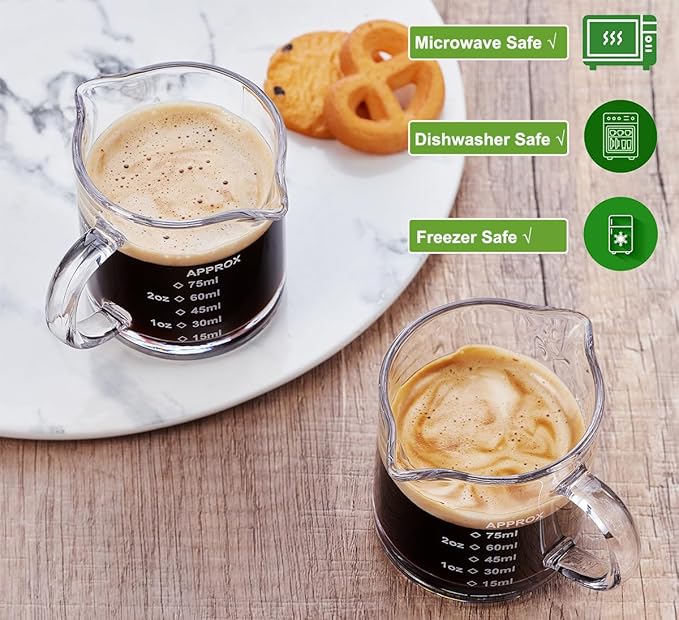 Ackers Espresso cup with Handle, Thickened Bottom and Wall, Double V-Shaped Spout,2.5OZ Milk Frothing Pitcher,75ML Milk Cup with Handle, Espresso Accessory (Pack of 2)