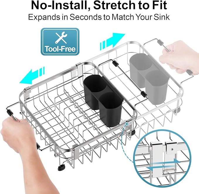GSlife Small in Sink Dish Drying Rack - Expandable Stainless Steel Compact Over The Sink Dish Drainer with Utensil Holder for RV Kitchen Apartment, Silver