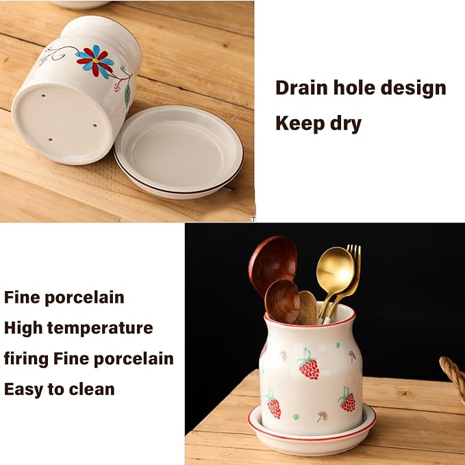 Dxcaicc Kitchen Utensil Holder for Countertop, Kitchen Utensils Holder with Dray Holes, Ceramic Countertop Utensil Holder, Drain Rack, Spatula Holder,B