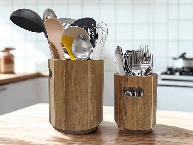 Acacia Wooden Utensil Holder | Kitchen Utensils Holder & Organizer for Countertop | Rustic Farmhouse Style Utensil Pot (Small 11×14.5cm)