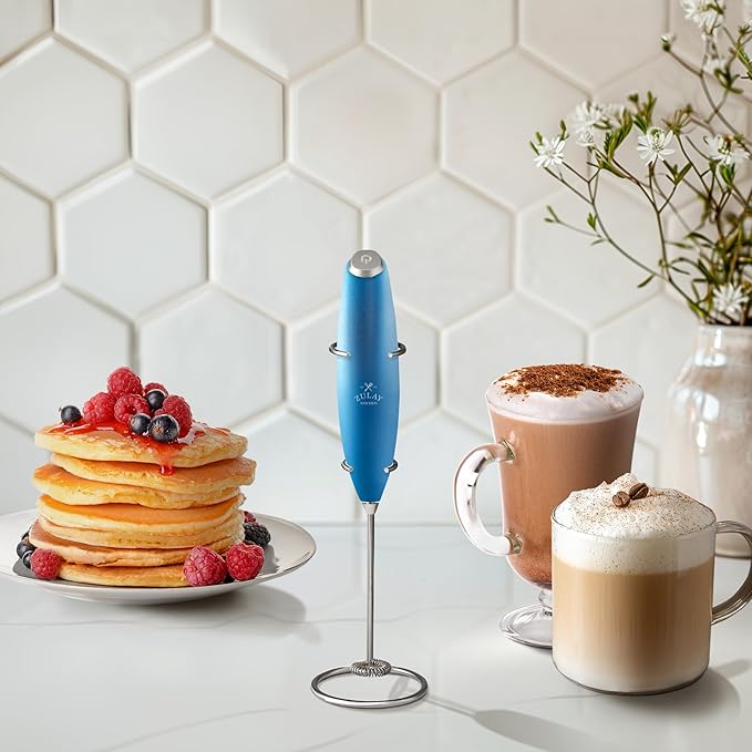 Zulay Kitchen Powerful Milk Frother Wand With Duracell Batteries - Ultra Fast Handheld Drink Mixer - Electric Whisk Foam Maker for Coffee, Lattes, Cappuccino & Matcha - Z1 Motor - Metal Blue