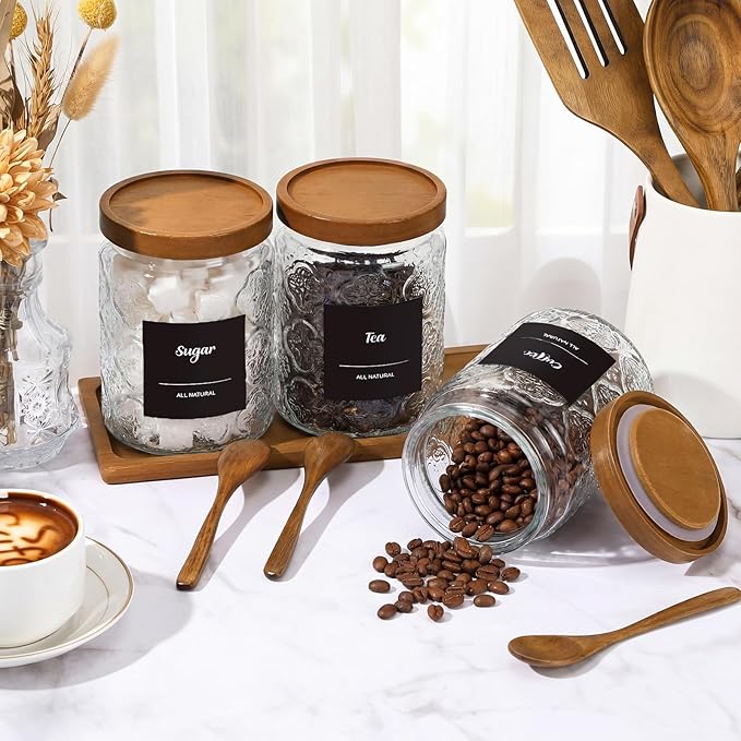 3 Pcs Glass Coffee Container Set with Wooden Lid Spoon Shelf Labels 24 oz Vintage Clear Sugar Tea Bean Jar Food Condiment Spice Storage Canisters Holder Set for Bar(Begonia)