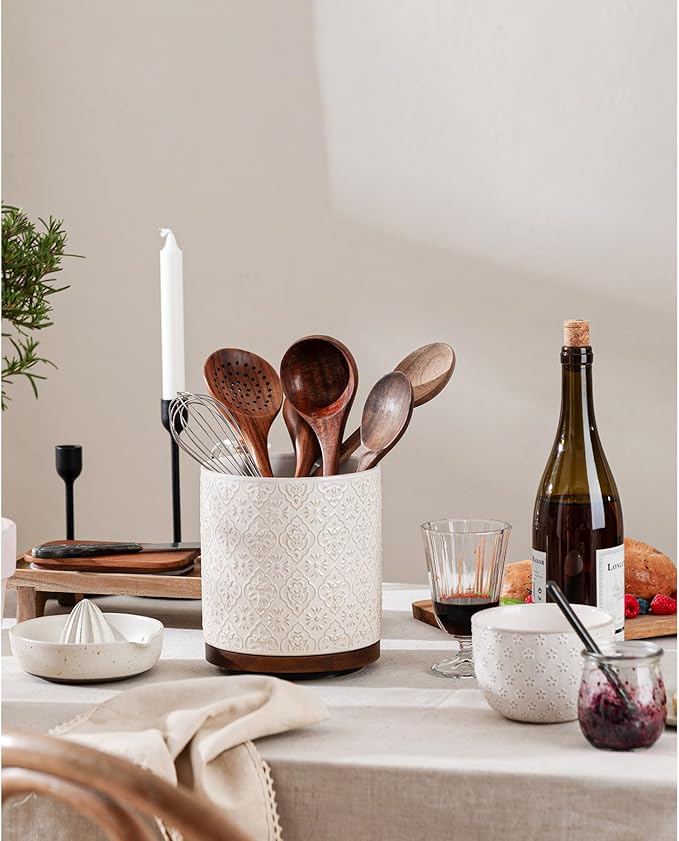 Kitchen Utensil Holder, 360° Rotating Extra Large Ceramic Utensil Holder with Embossed Pattern, 7.3” Cooking Utensil Crocks for Kitchen Countertop, Home Decor, Off-White