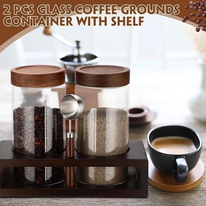 Suclain Glass Coffee Grounds Container with Shelf 2 x 44 oz Glass Coffee Bean Storage Canisters with Airtight Thread Lid and Measuring Spoon Food Storage Jars for Kitchen Sugar(Plain Style)